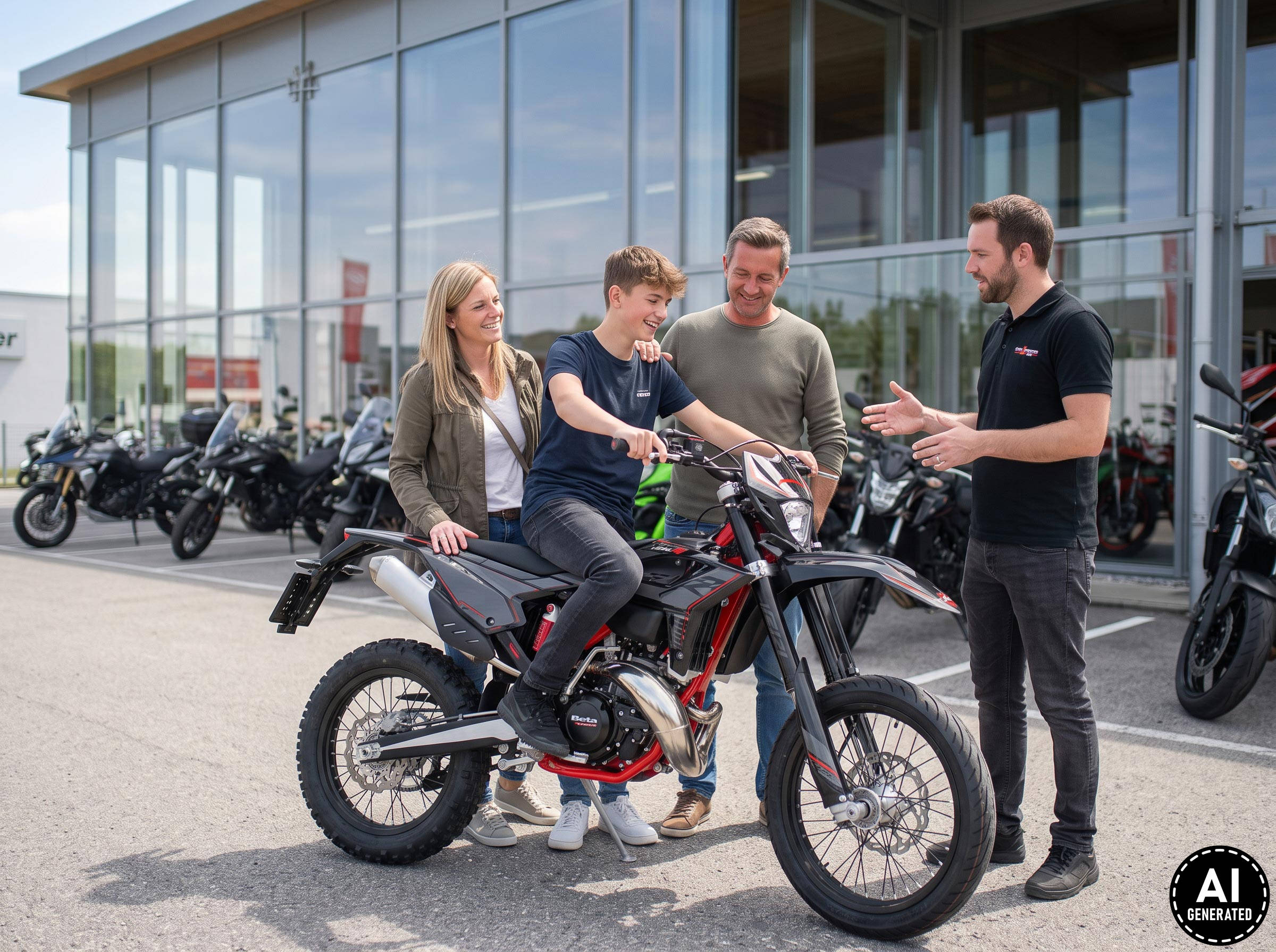 Kunde sitzt auf Motorrad mit Verkäufer-Beratung