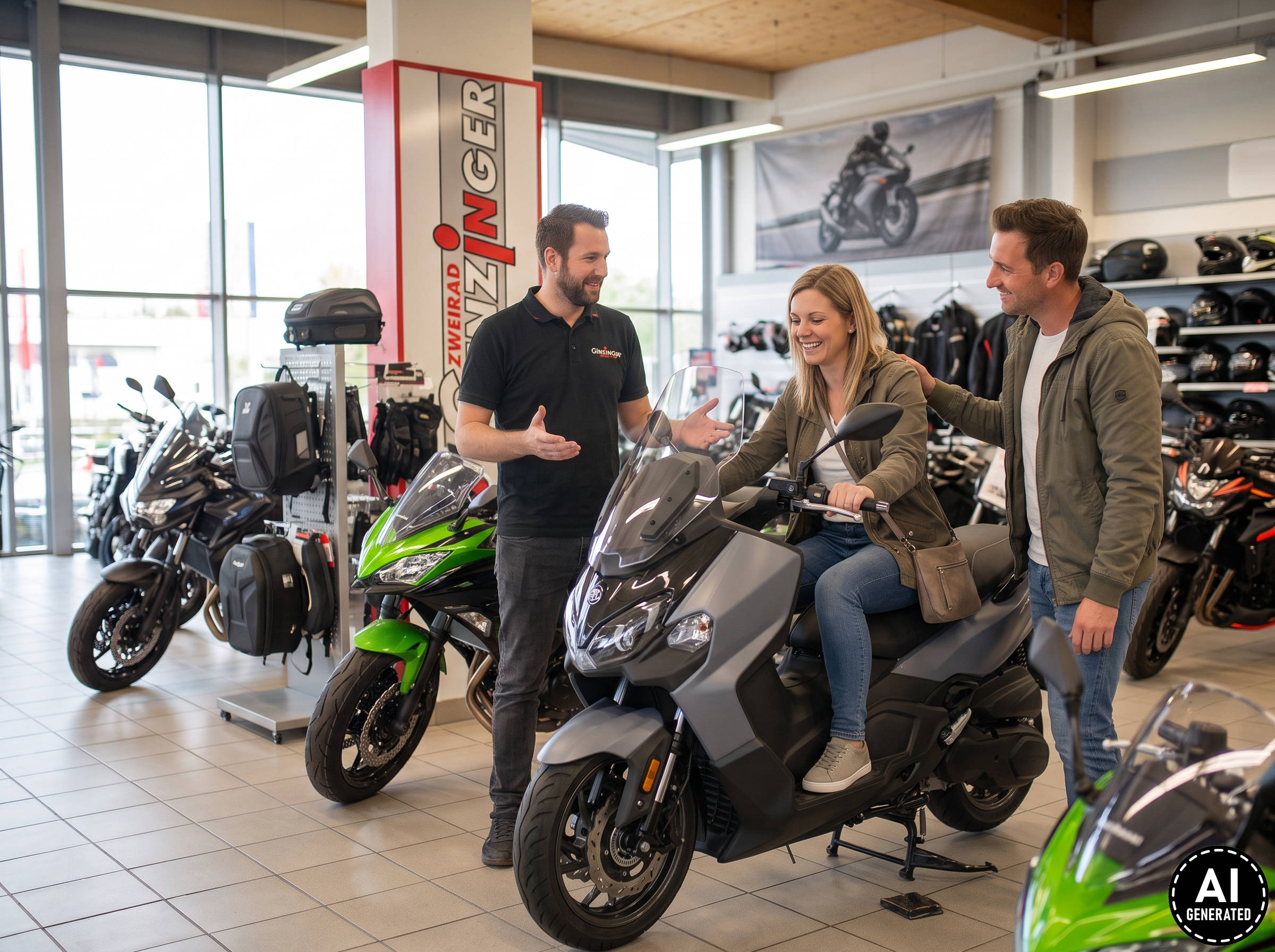 Motorrad-Verkäufer berät Kunden in der Filiale