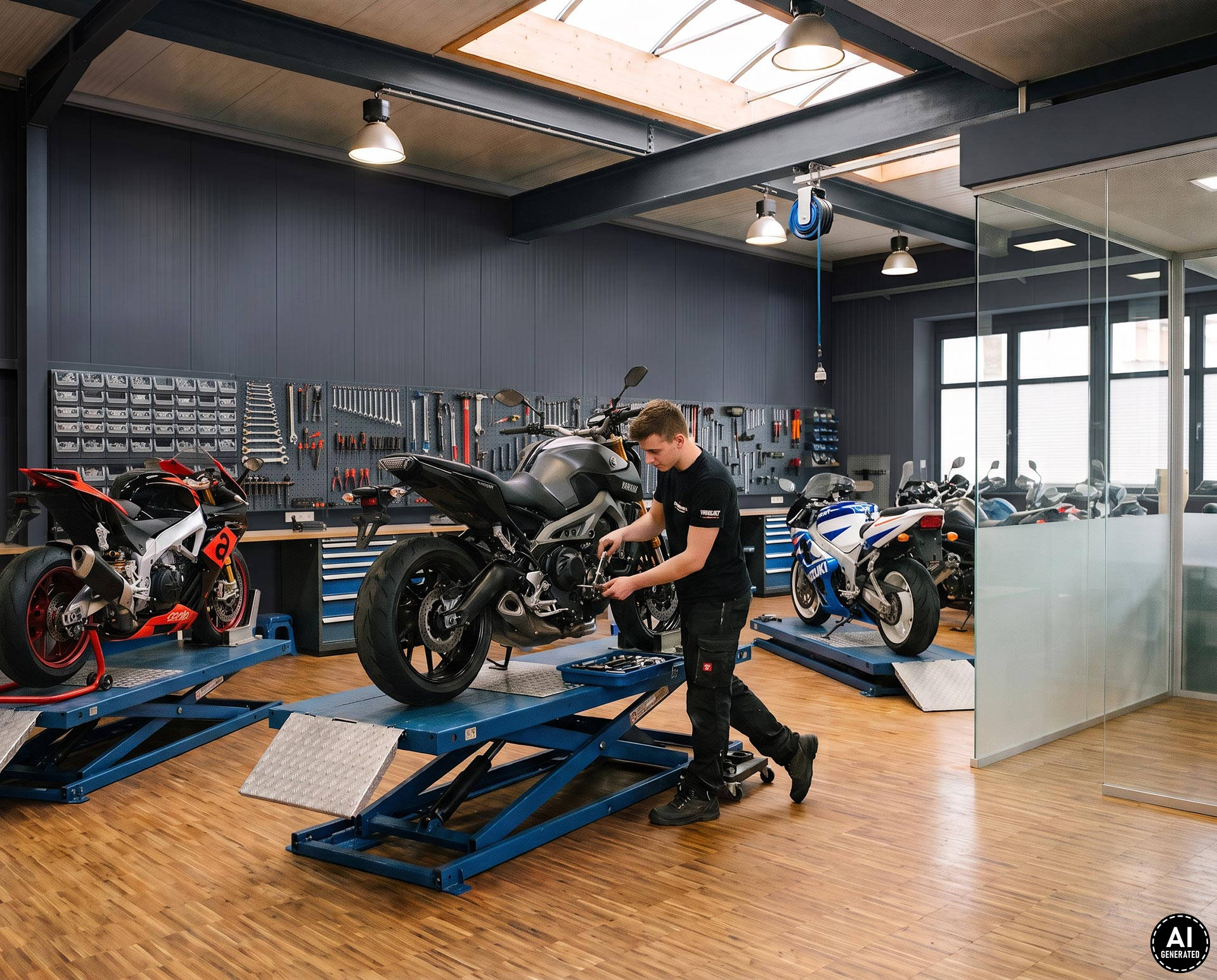 Motorrad auf der Hebebühne