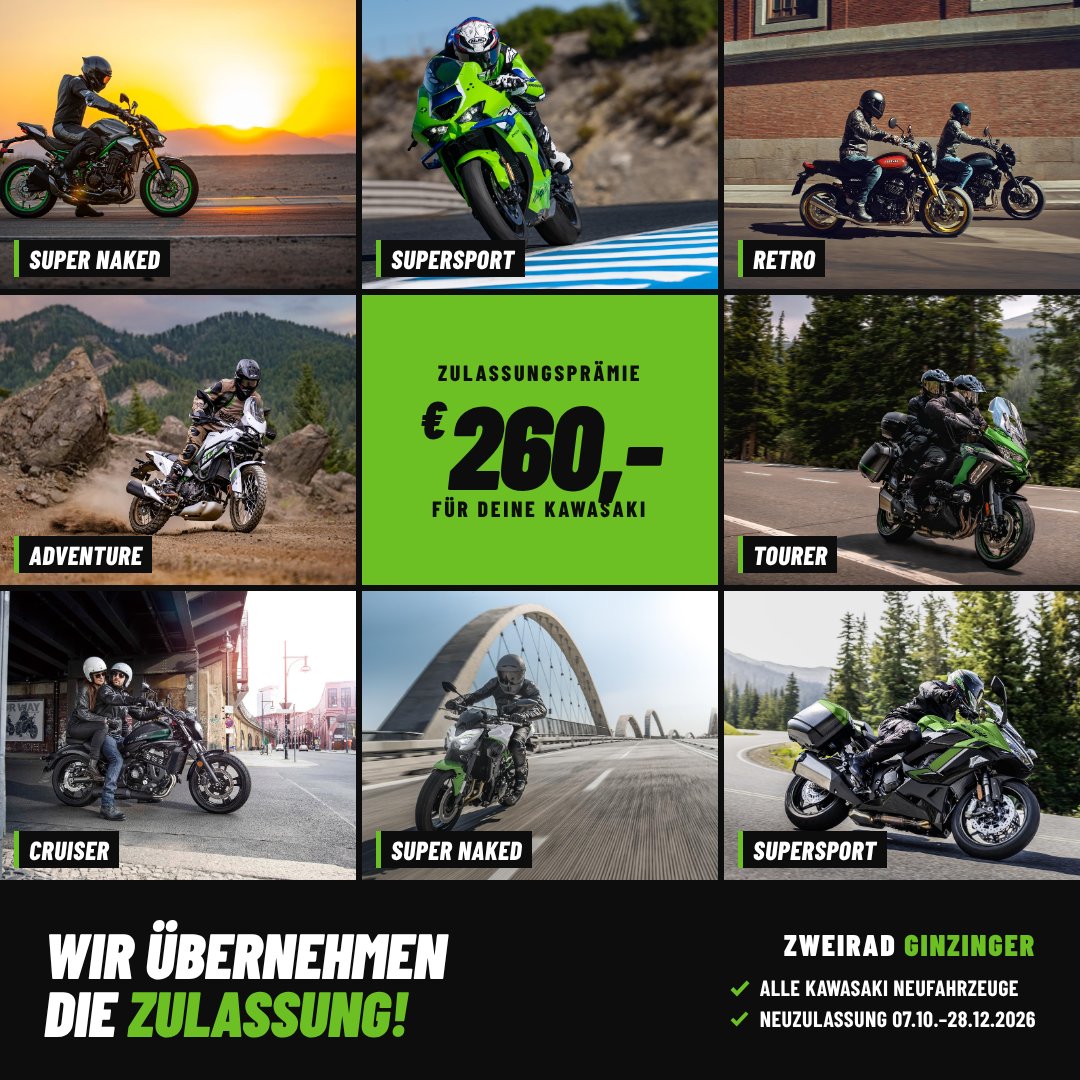 Kawasaki Modellübersicht mit 260 Euro Zulassungsprämie